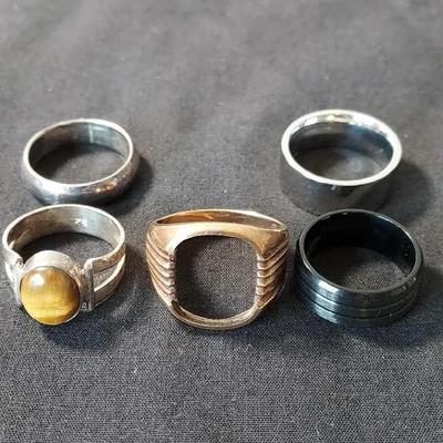 5 Rings-925 Tiger Eye Sz 7, 10k Gold No Stone, Tungsten Carbide Sz 7, Silver Band 925 Sz 9 & more