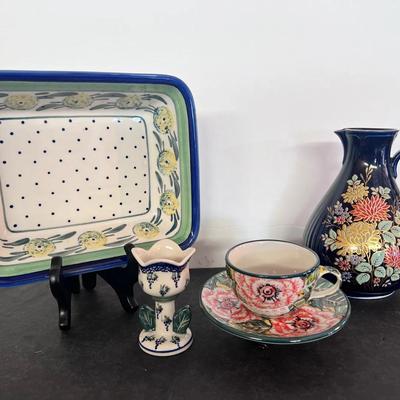 Boleslawiec Polish Pottery Floral Teacup/saucer Rectangle Baking Dish, Bareuther Waldsassen Pitcher