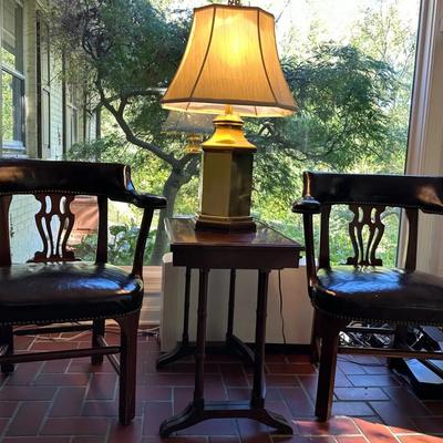 Two Leather Bankers Chairs, Two Nesting Tables And Brass Style Lamp