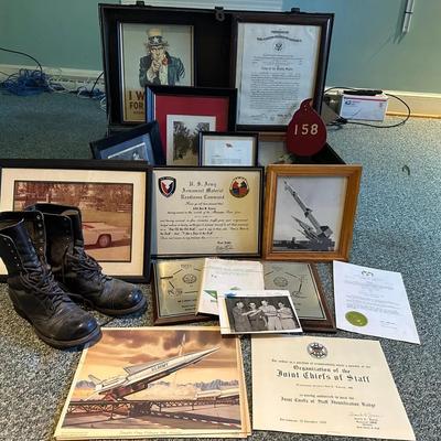 Vintage Military Foot Locker Trunk, Boots And Pictures