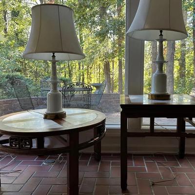 Two Wood And Marble Tables 