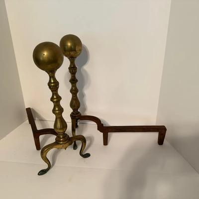 Victorian Brass Cannonball Andirons Fireplace Log Holder