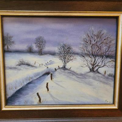 Framed Oil Painting Winter Landscape Snow Trees