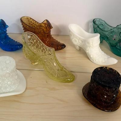 Lot Of Seven Shoe And Hat Glass Collectibles Fenton