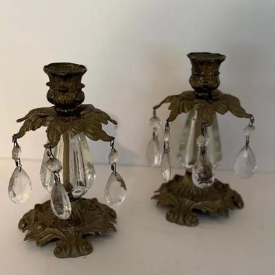 Set Of 2 Vintage Brass And Glass Candlesticks