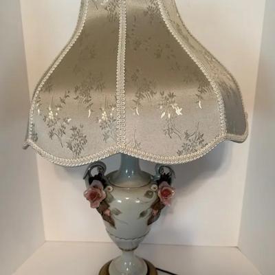 Vintage Floral Table Lamp Brass Base And Trim