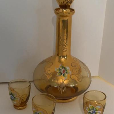 Vintage Hand Painted Amber Decanter Set Made In Italy