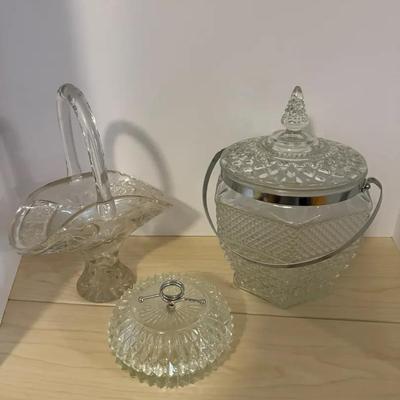 3 Piece Glass -Diamond Cut Ice Bucket, Candy Dish, Basket 