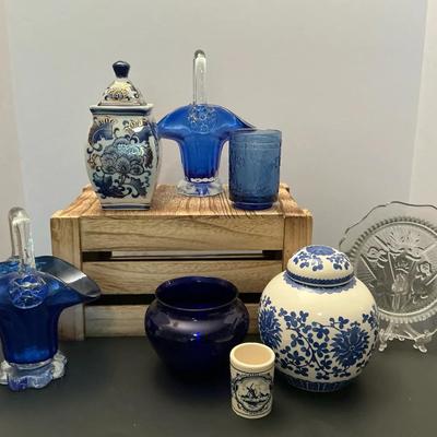 Mixed Lot Of Blue And White Vintage Pottery And Glassware