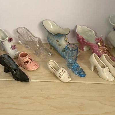 Fourteen Collectible Glass And Porcelain Shoes