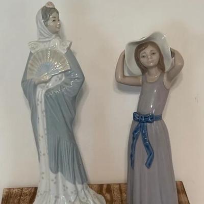 Lladro Lot Of Two Coy Girl With Straw Hat And NAO Lady Fan
