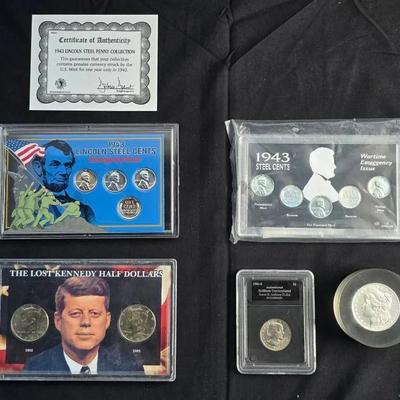 Misc. US Coin Sets & 1 Morgan Silver Dollar In Resin