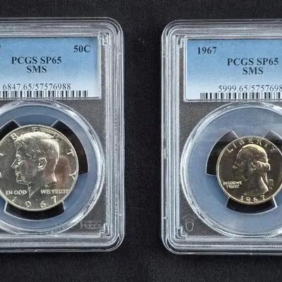 1967 Washington Quarter & Silver Kennedy Half, SP65 PCGS Graded