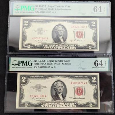 2 $2 1953-A Red Seal MS-64 PMG EPQ, Sequential Serial Numbers