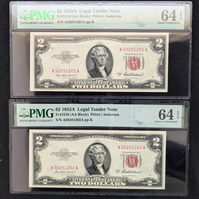 2 $2 Red Seal 1953-A MS-64EPQ PMG, Sequential Serial Numbers 