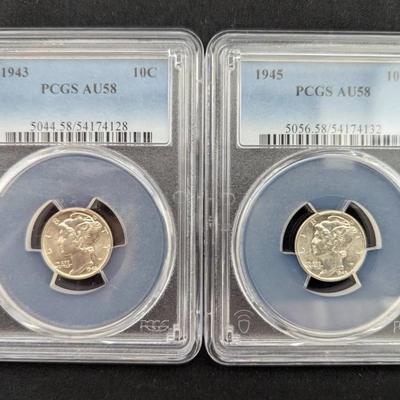 1943-P & 1945-P AU-58 PCGS Mercury Silver Dimes