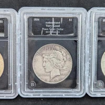3 Peace Silver Dollars, 1925, 1934, & 1935