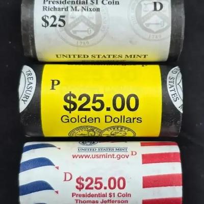 3 US Mint Issued Uncirculated Dollar $25 Rolls, Sacagawea, Nixon, Jefferson