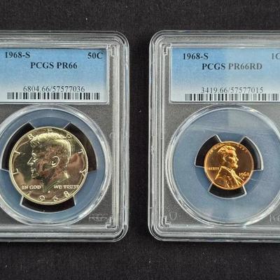 1968-S PR66RD Cent & PR66 Half, PCGS Graded