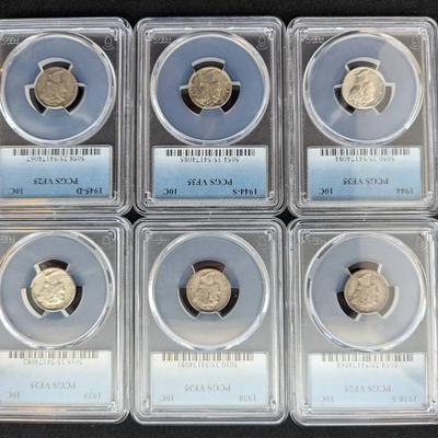 6 PCGS Graded Mercury Silver Dimes 
