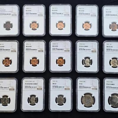 15 NGC Graded Mix of Coins
