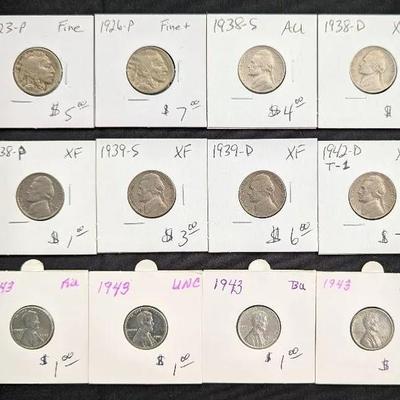 Group of Buffalo & Jefferson Nickels, & BU 1943-P Steel Cents