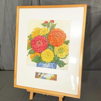 Anita Lobel (b. 1934) — “Chrysanthemums in Blue Vase” — Signed Watercolor w/ Narrative Vignette