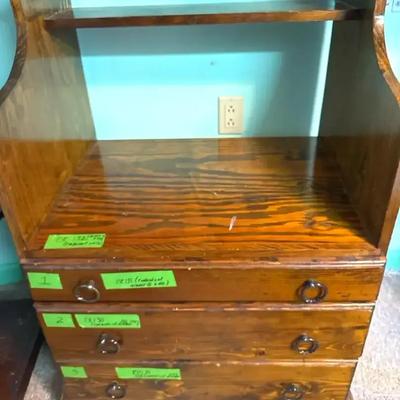 Lot 132:  Vintage Solid Wood 3-Drawer Bookcase Cabinet
