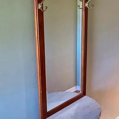Lot 457: Wooden Hall Tree with Mirror and Marble Top – 80” x 21.5” Vintage Entryway Coat Rack
