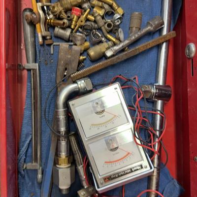 Lot 526: Brass, Red Tool Box, and Volt Meter