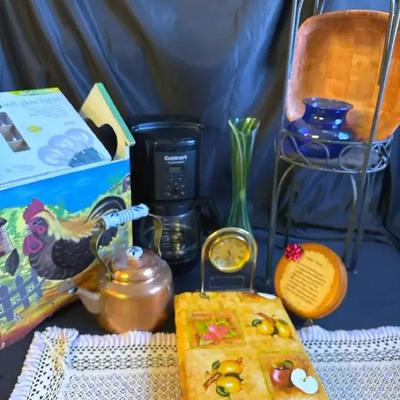 Lot 128:  Mixed Household & Decor Lot – Copper Kettle, Cuisinart Coffee Maker, Glass Vases & More
