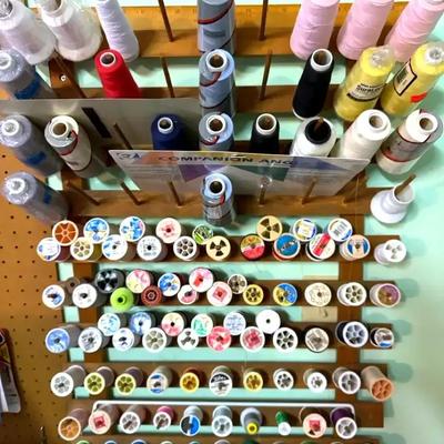 Lot 102:  Vintage Wooden Thread Spool Rack with Large Mixed Thread Collection