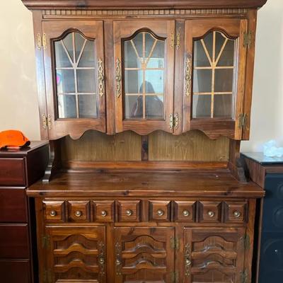 Lot 332: Lighted Pine Hutch / China Cabinet – Two-Piece, 6’2” Tall
