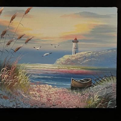 Lot 303: Small Pastel Beach Coastal Scene Oil Painting