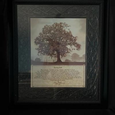 Lot 320: Framed Wall Art Trio – Veteran Print, Teddy Bear Print, and “Loving Life” Tree Print