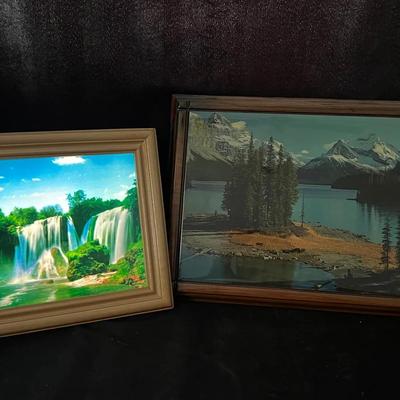 Lot 325: Vintage Lighted Waterfall Picture & Shellacked Mountain Print