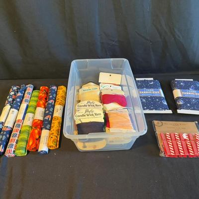Lot 410: Craft Lot – Patriotic and Autumn Fabric Rolls, Yarn, Fabric Cuts, and Craft Supplies