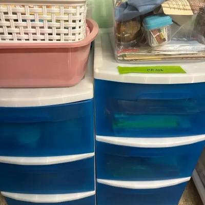 Lot 106:  Two Three Drawer Storage Bins With Cross-stitch Projects, Sewing Notions, And More