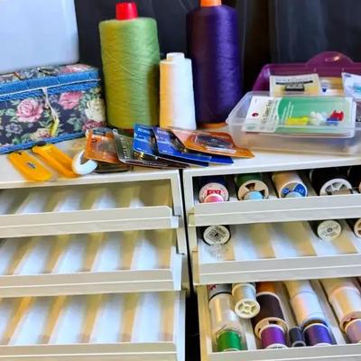 Lot 110:  Thread And Thread Caddies, Sewing Notions, Sewing Box