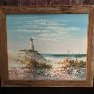 Lot 321: Original Lighthouse Beach Scene Oil Painting – Signed “Davis”