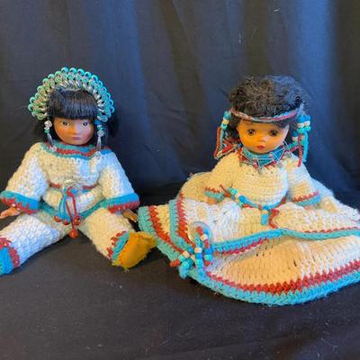 Lot 436: Pair of Vintage Handmade Native-Inspired Dolls – Crocheted Outfits with Beaded Details