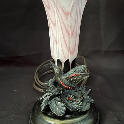 Lot 317: Hummingbird Accent Lamp with Pink & White Tulip Glass Shade