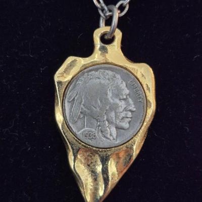 Vintage 1936 Indian Head Nickel Set in Golden Spearhead on 24" Spring Ring Clasp Chain