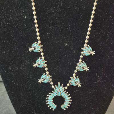 Vintage Zuni Style Native American Squash Blossom 26" Barrel Clasp Necklace
