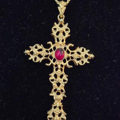 Vintage Latin Cross with Red Stone Cabochon on 18" Box Clasp Chain