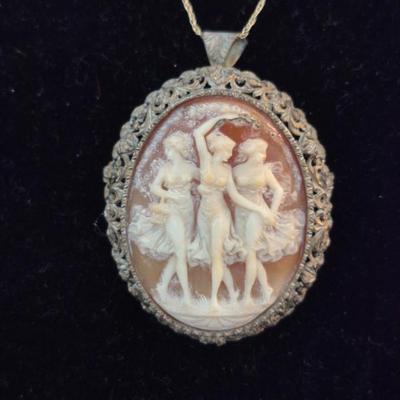Antique Shell 3 Graces Cameo in 80% Silver Setting on 9k 20" Spring Ring Clasp Chain (See Description)