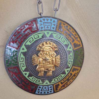 Vintage Inca Sterling & Enamel with 18k Overlay in Center Brooch Pendant on 26" Sterling Chain - TW 13.6g