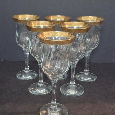 Set of 6 Crystal Swirl Wine Glasses with Italian 24k Gold Greek Key Trim