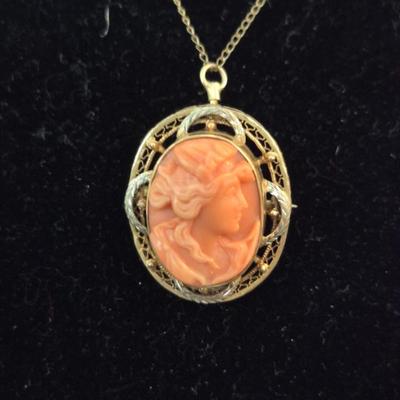 Vintage Shell Brooch Pendant Cameo in 10k Setting on 18" Spring Ring Clasp Fashion Chain - TW Cameo: 6.0g