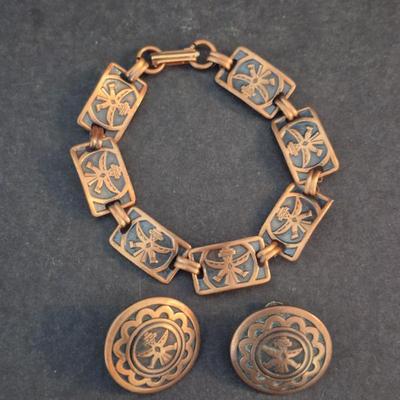 Vintage Native American Copper Concho Bracelet & Screw-On Earring Set